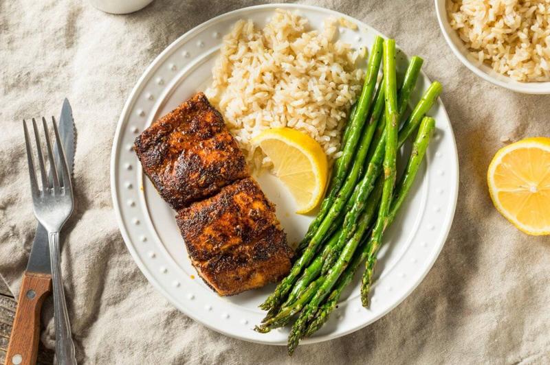 Homemade Blackened Mahimahi White Fish with Asparagus and Rice